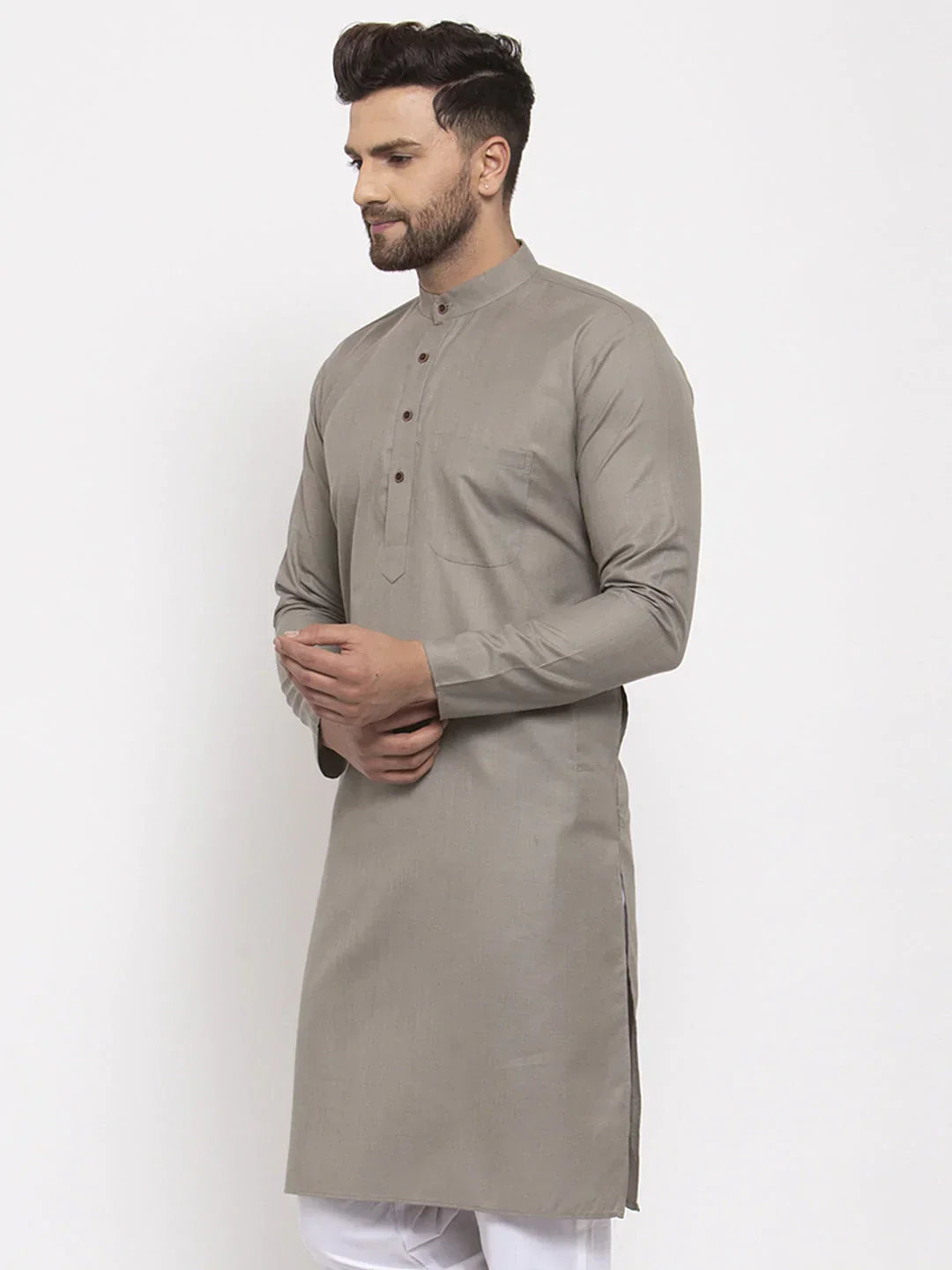 Jompers Men's Grey & White Solid Kurta Only