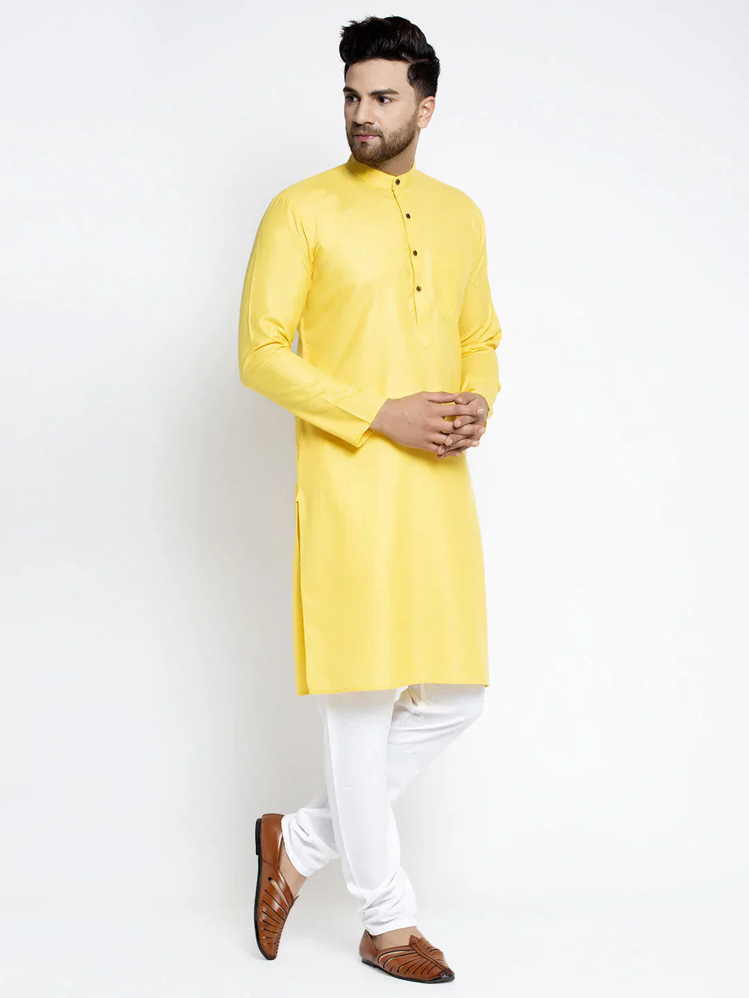 Jompers Men's Lemon & White Solid Kurta Only