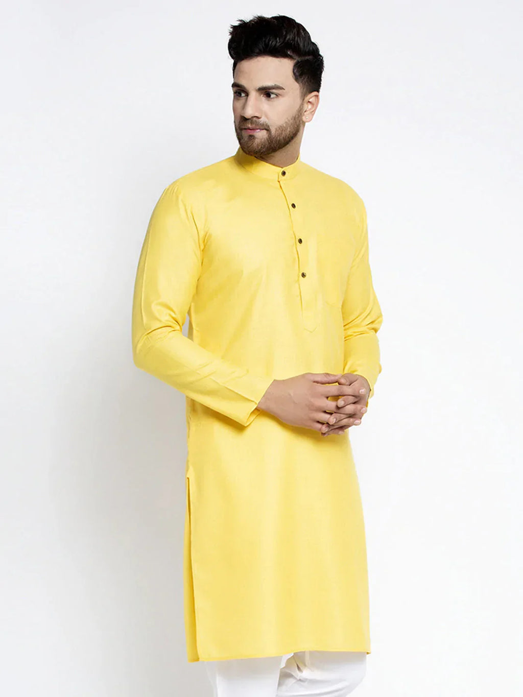 Jompers Men's Lemon & White Solid Kurta Only