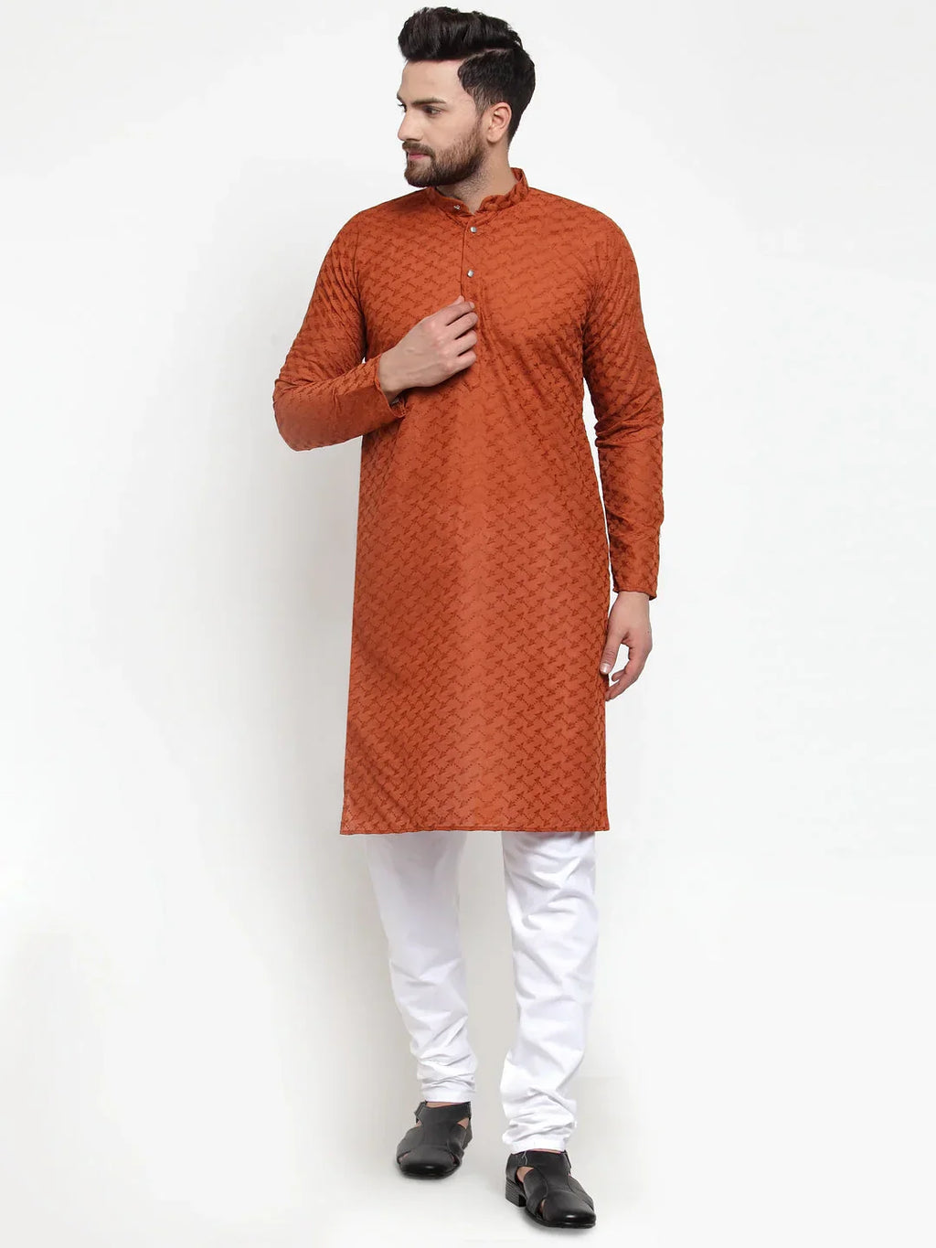 Jompers Men's Brown Chikan Kurta Only