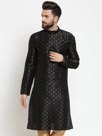 Jompers Men's Black Woven Design Straight Kurta