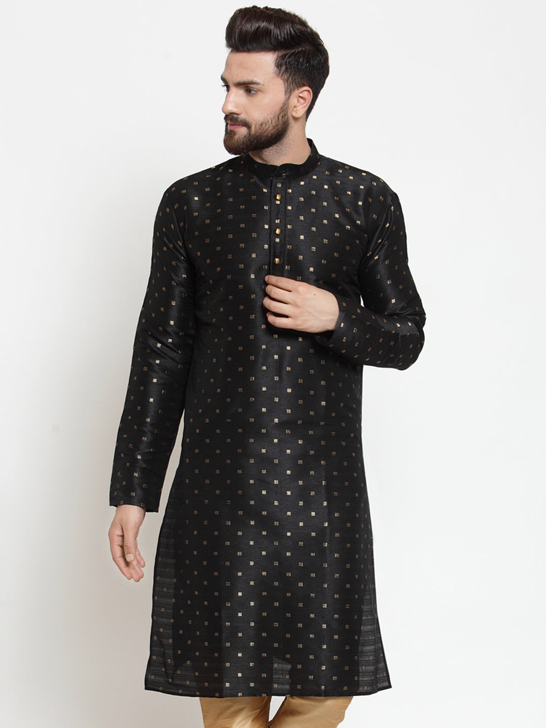 Jompers Men's Black Woven Design Straight Kurta