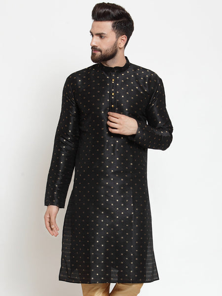 Jompers Men's Black Woven Design Straight Kurta