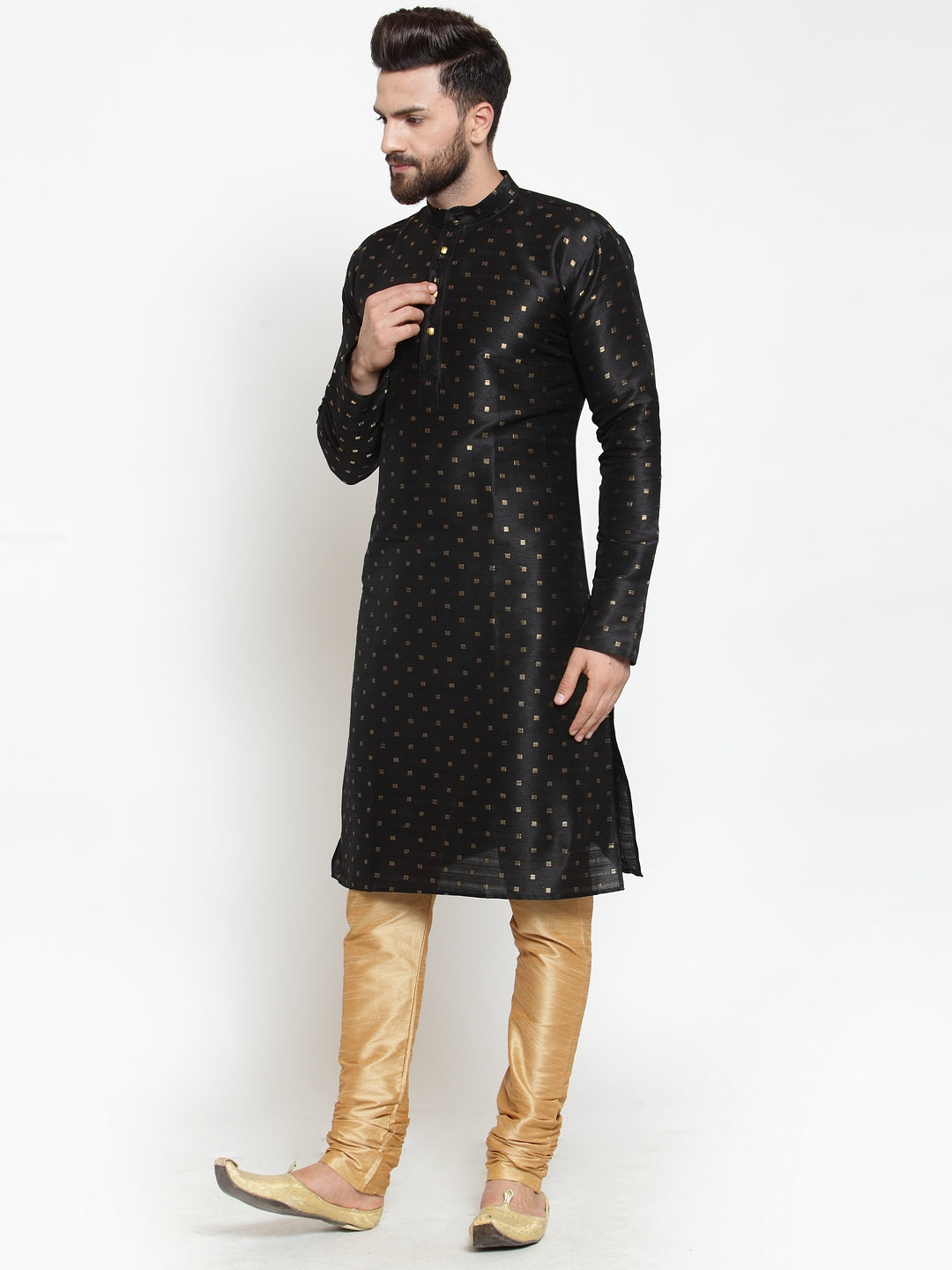 Jompers Men's Black Woven Design Straight Kurta
