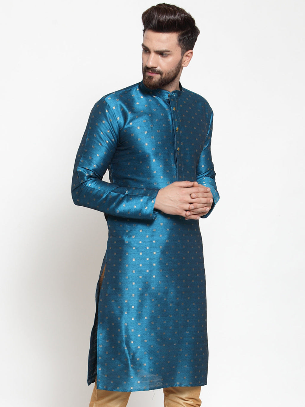 Jompers Men's Black Woven Design Straight Kurta