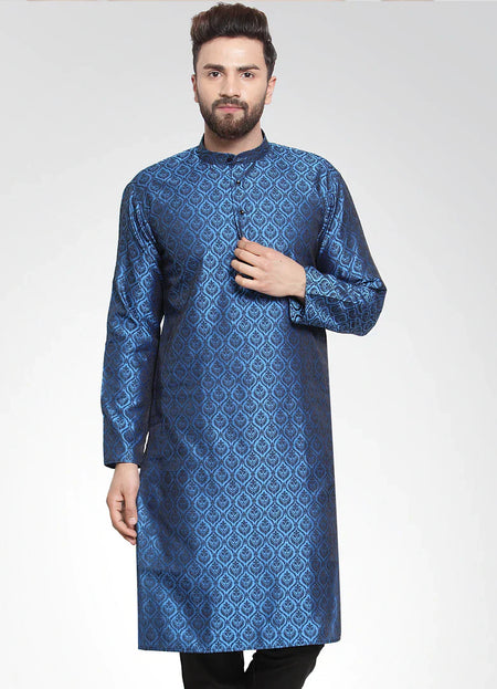 Jompers Men's Royal-Blue Colored & Black Self Design Kurta Only