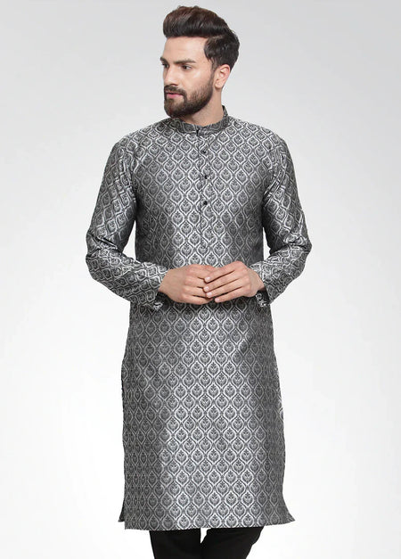 Jompers Men's Silver-Colored & Black Self Design Kurta Only