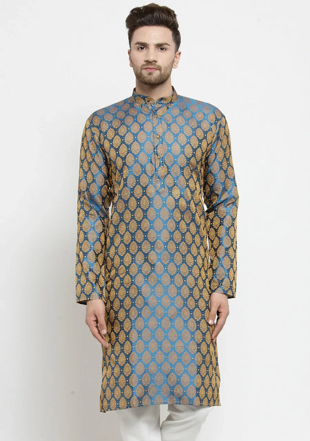 Jompers Men's Blue-Colored & Golden Self Design Kurta Only