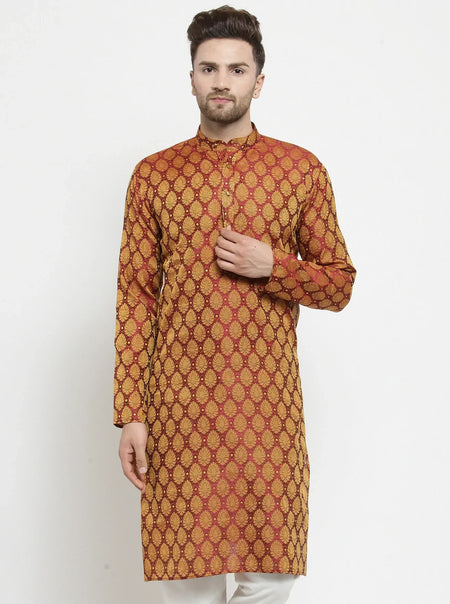 Jompers Men's Maroon-Colored & Golden Self Design Kurta Only