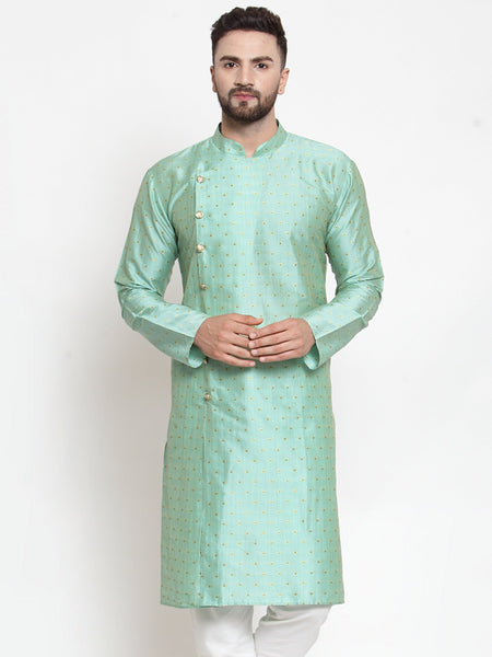 Jompers Men Sky-Blue & Golden Self Design Kurta Only