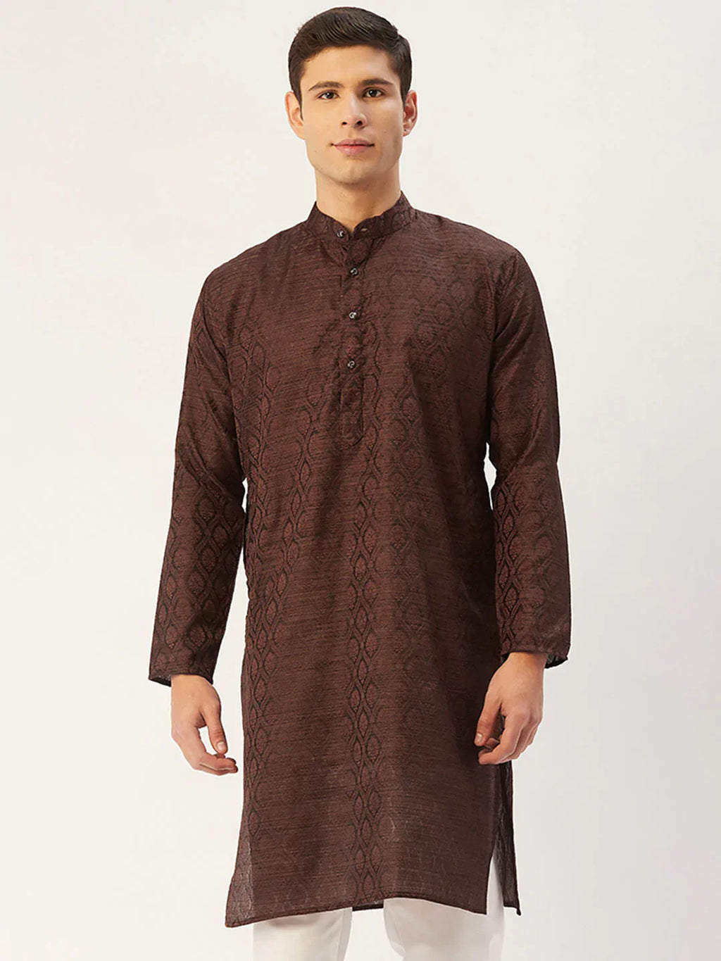 Jompers Men's Woven Design Jacquard Kurta - Coffee