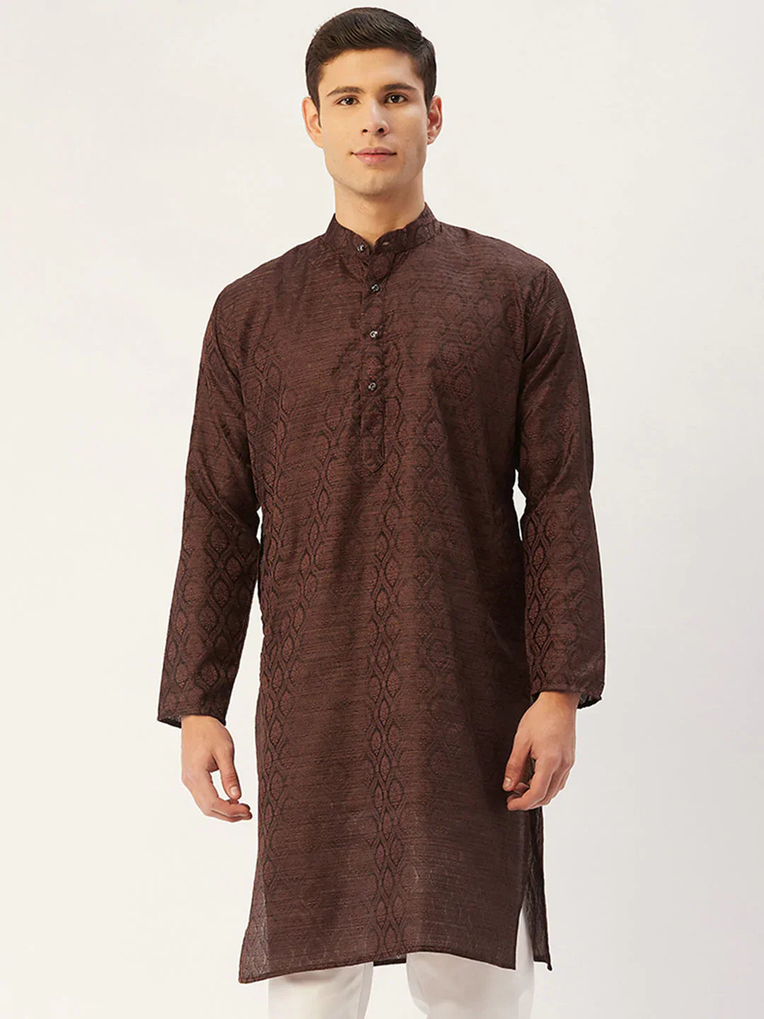 Jompers Men's Woven Design Jacquard Kurta - Coffee