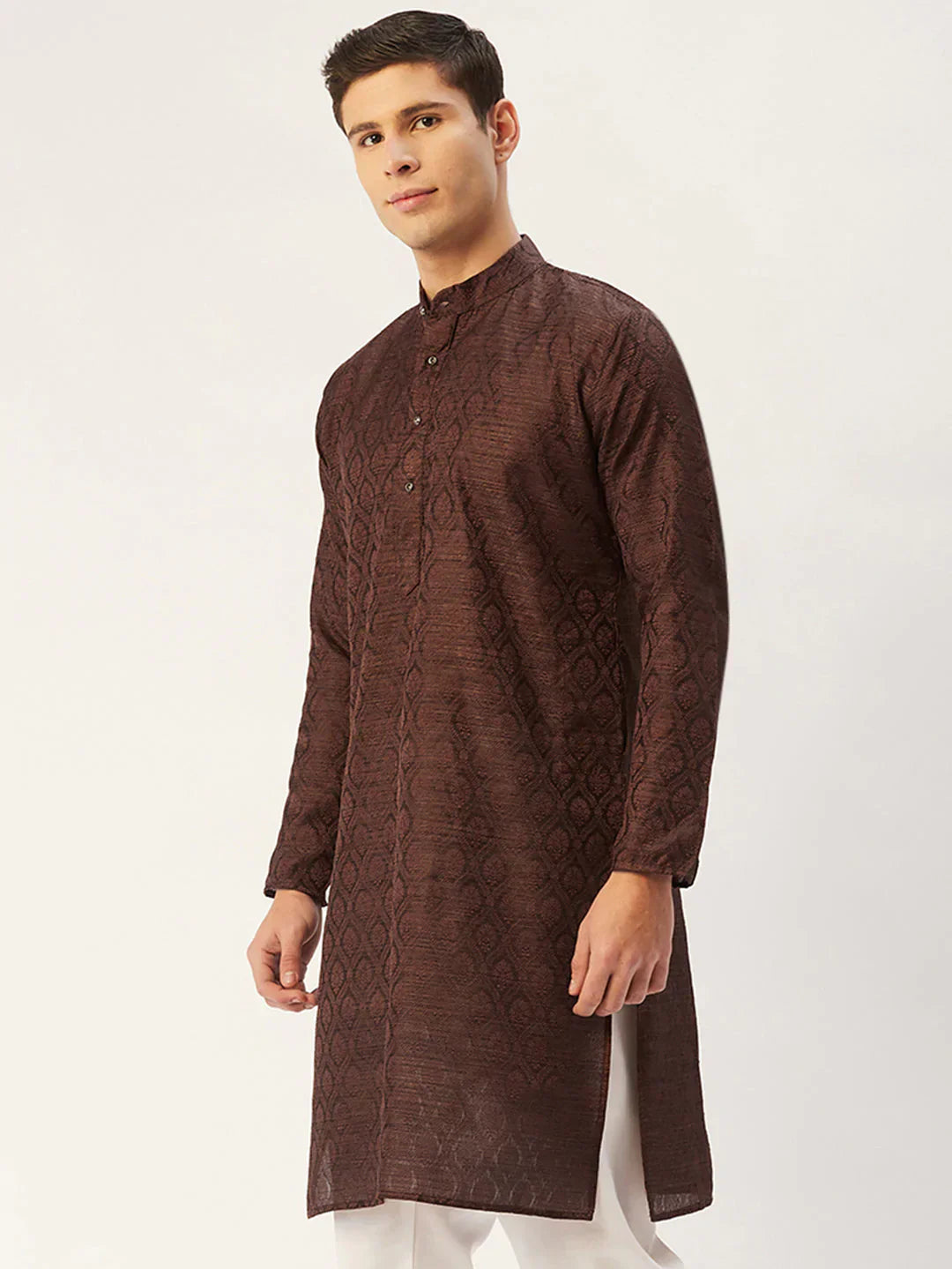 Jompers Men's Woven Design Jacquard Kurta - Coffee