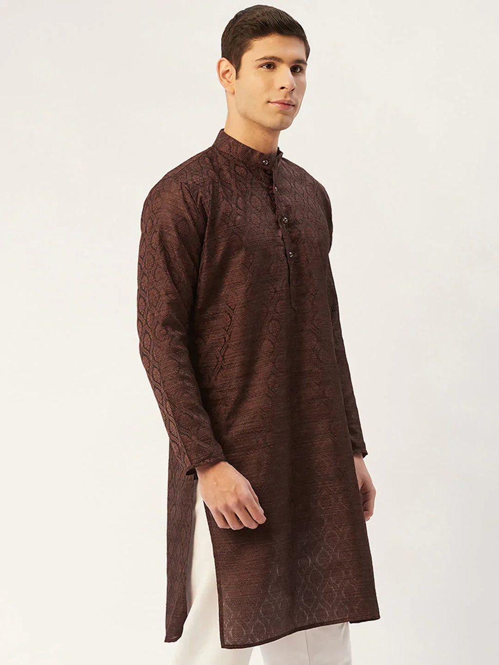 Jompers Men's Woven Design Jacquard Kurta - Coffee