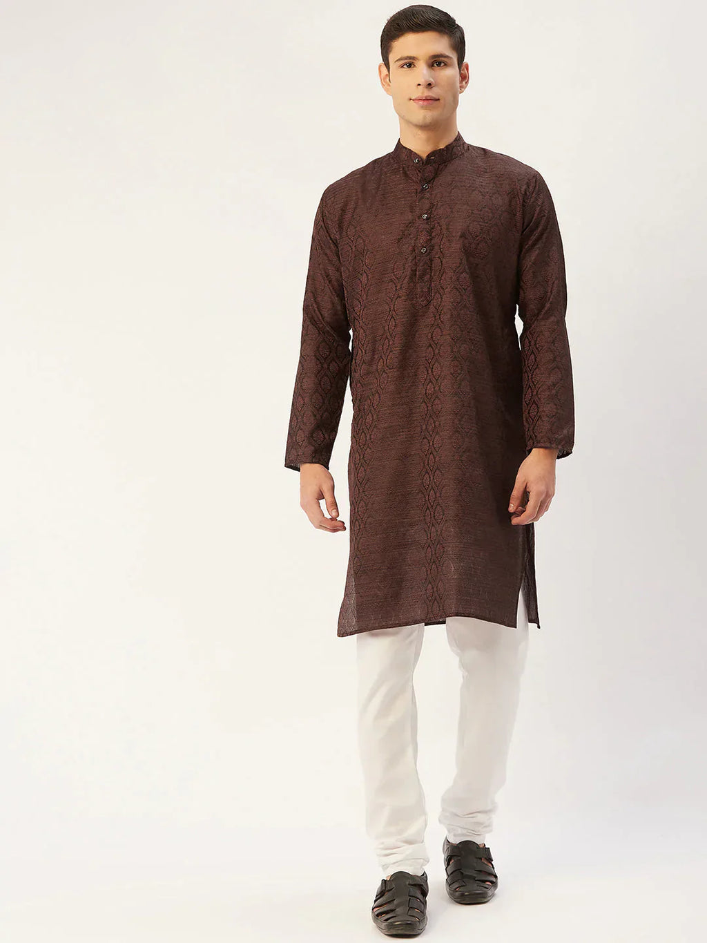 Jompers Men's Woven Design Jacquard Kurta - Coffee
