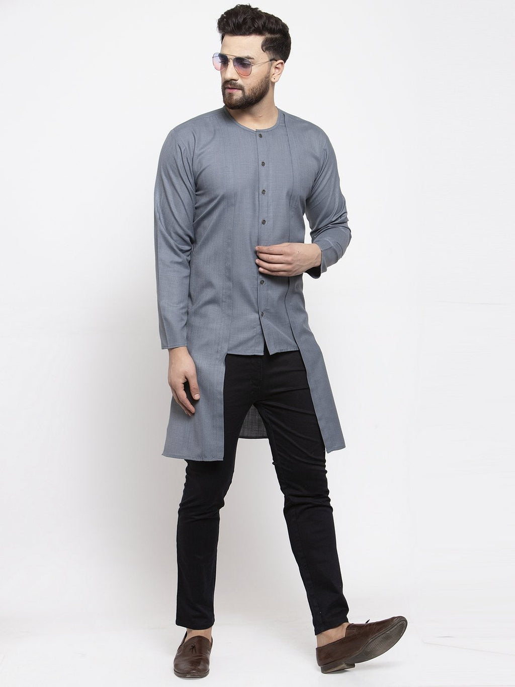 Jompers Men Grey Solid high-low Kurta - Distacart