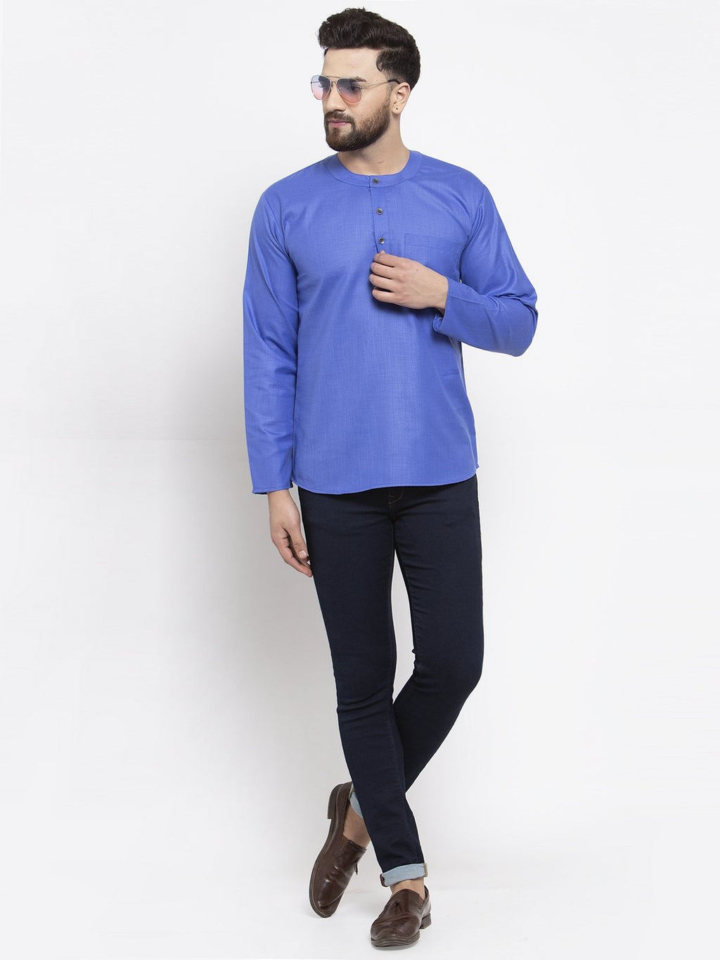 Jompers Men Blue Solid Straight Short Kurta - Distacart