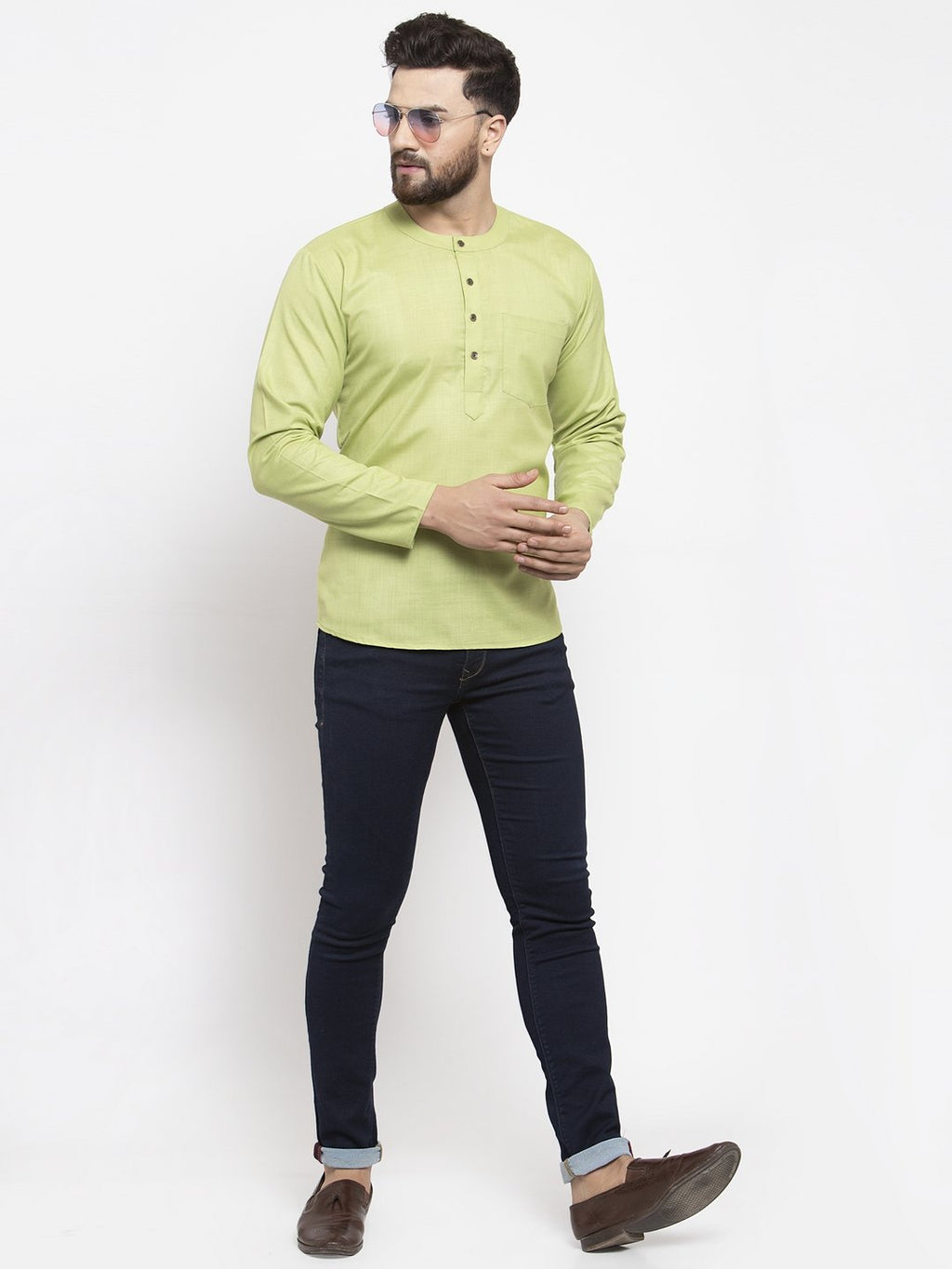 Jompers Men Green Solid Straight Short Kurta - Distacart