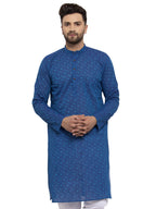 Jompers Men's Beautiful Blue Cotton Printed Kurta Only