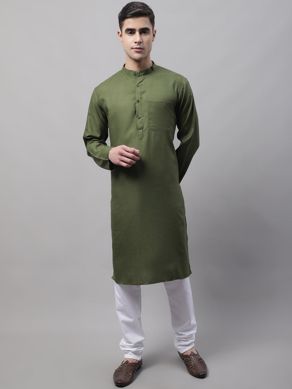 Jompers Men's Cotton Solid Kurta - Mehndi