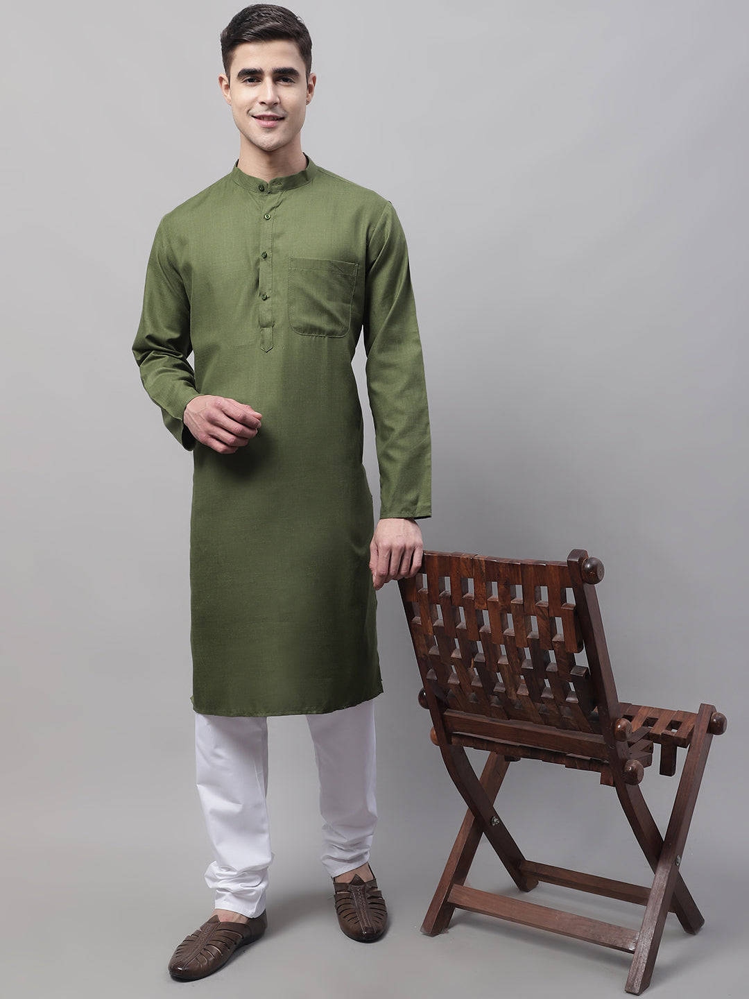 Jompers Men's Cotton Solid Kurta - Mehndi