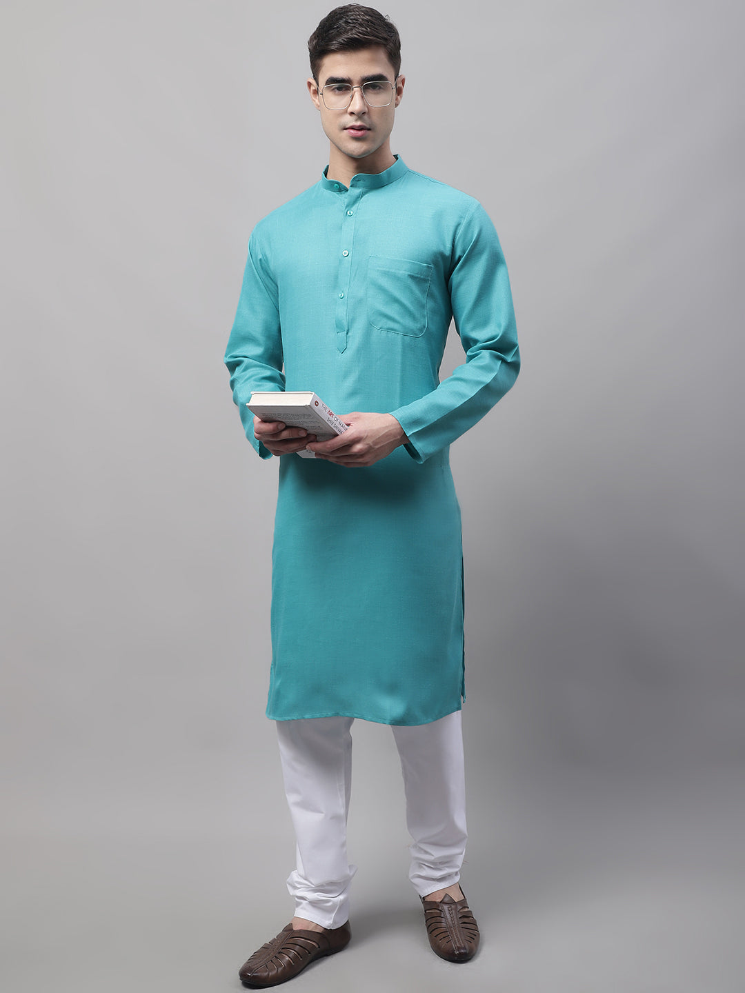 Jompers Men's Cotton Solid Kurta - Rama