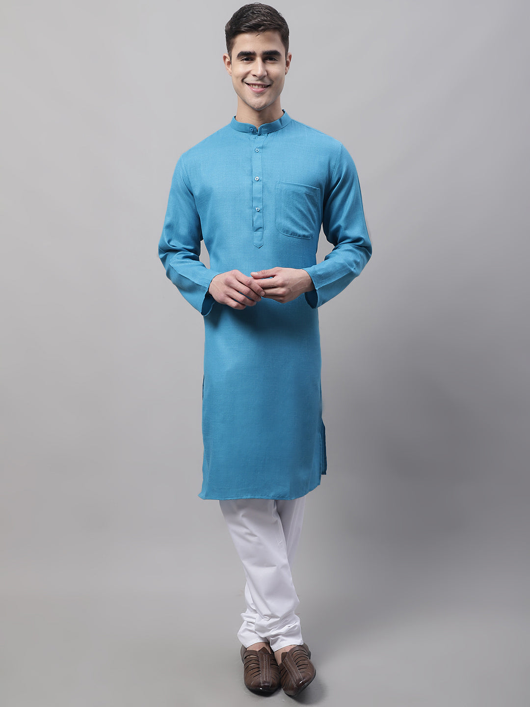 Jompers Men's Cotton Solid Kurta - Teal