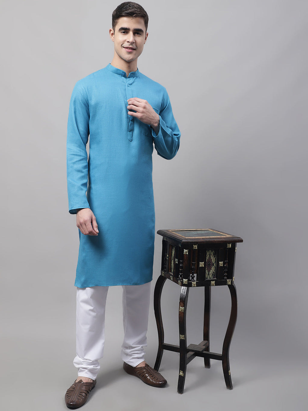 Jompers Men's Cotton Solid Kurta - Teal