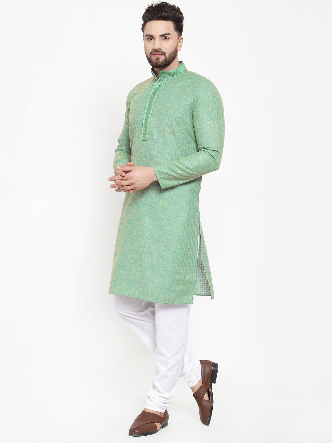Jompers Men Sea Green & White Embroidered Kurta Only - Distacart