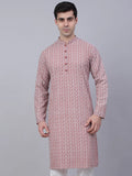 Jompers Men's Coral Red & White Embroidered Straight Kurta