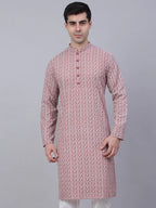 Jompers Men's Coral Red & White Embroidered Straight Kurta