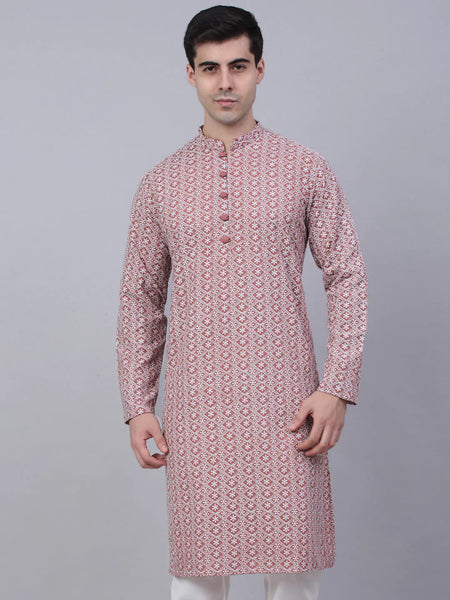 Jompers Men's Coral Red & White Embroidered Straight Kurta