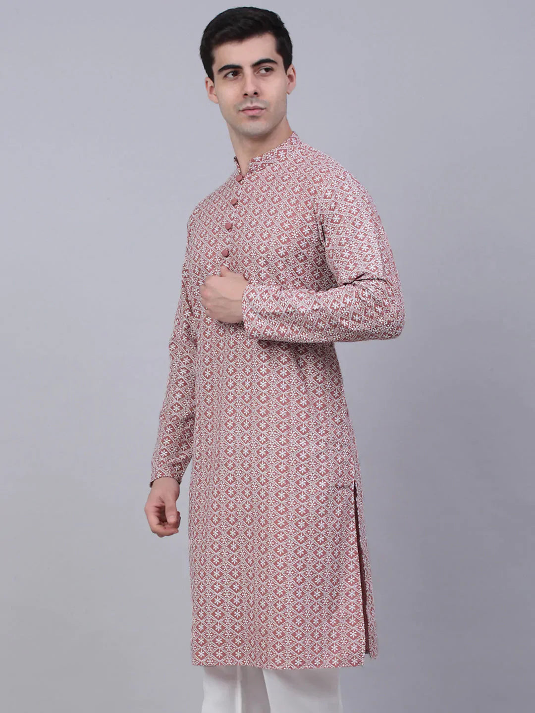 Jompers Men's Coral Red & White Embroidered Straight Kurta