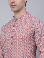 Jompers Men's Coral Red & White Embroidered Straight Kurta