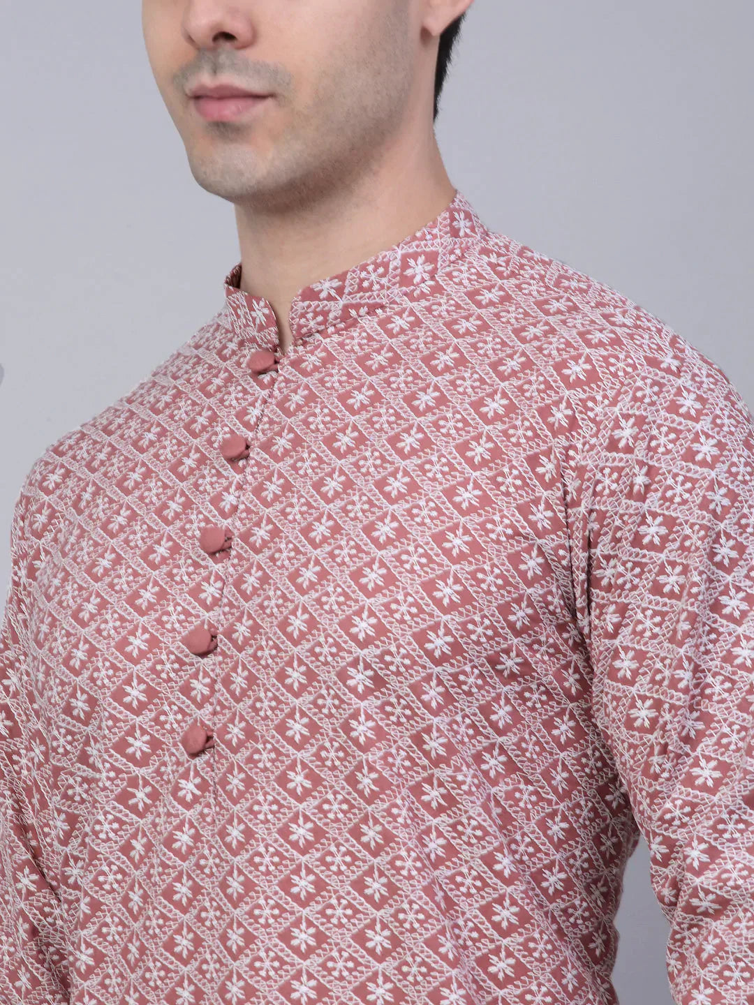 Jompers Men's Coral Red & White Embroidered Straight Kurta