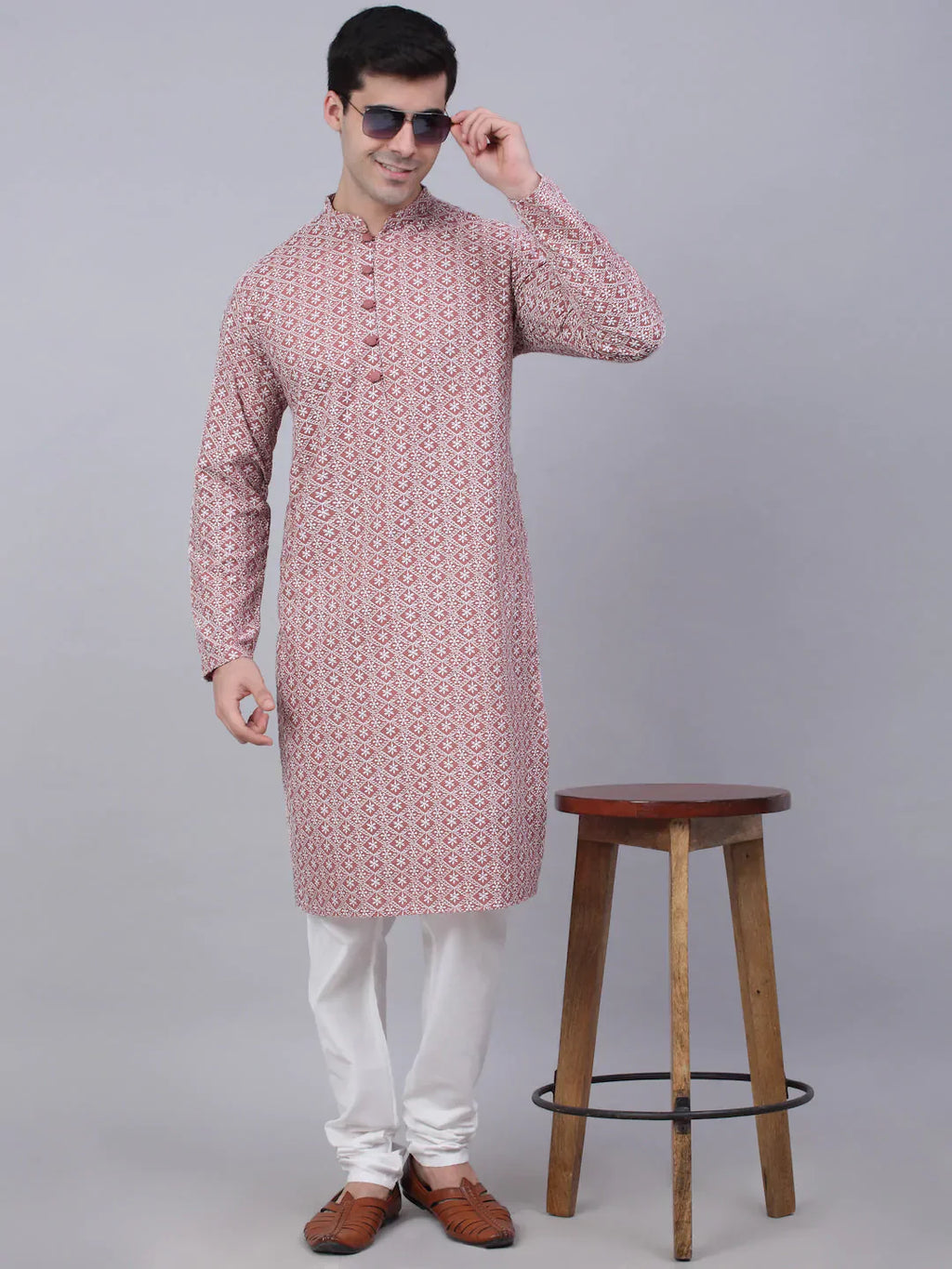 Jompers Men's Coral Red & White Embroidered Straight Kurta