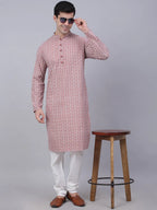 Jompers Men's Coral Red & White Embroidered Straight Kurta