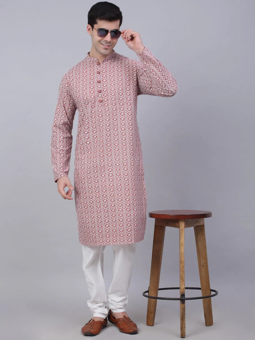 Jompers Men's Coral Red & White Embroidered Straight Kurta