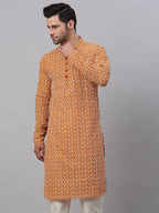 Jompers Men's Mustard & White Embroidered Straight Kurta