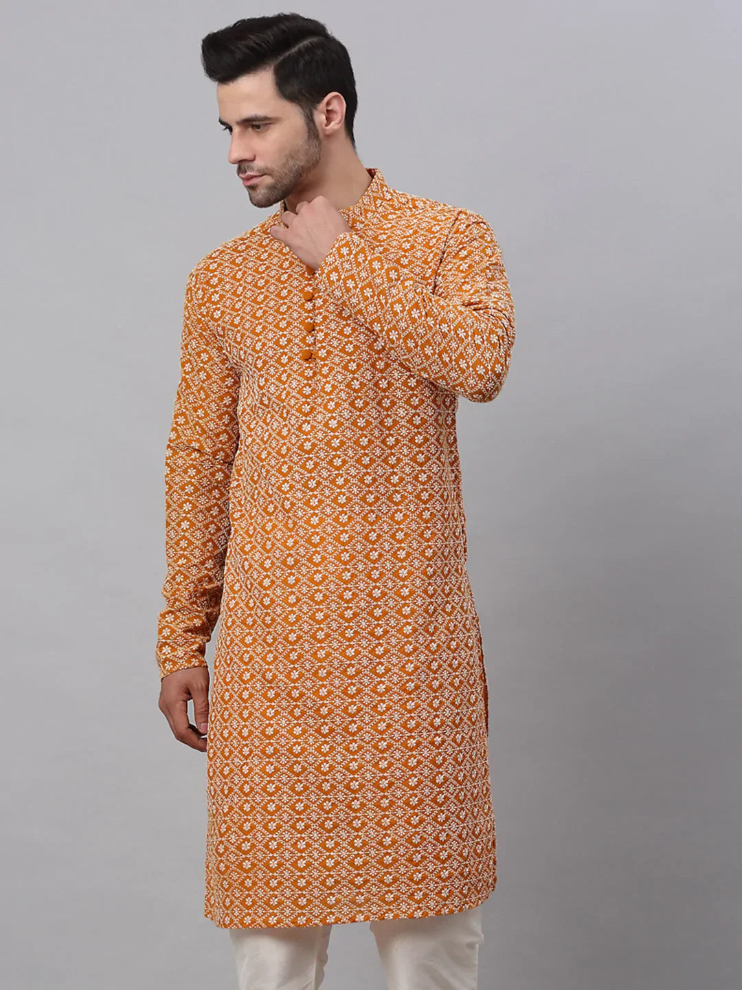 Jompers Men's Mustard & White Embroidered Straight Kurta