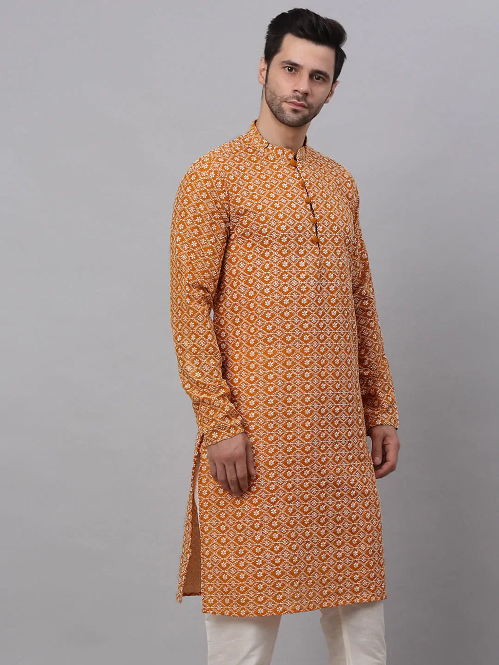 Jompers Men's Mustard & White Embroidered Straight Kurta
