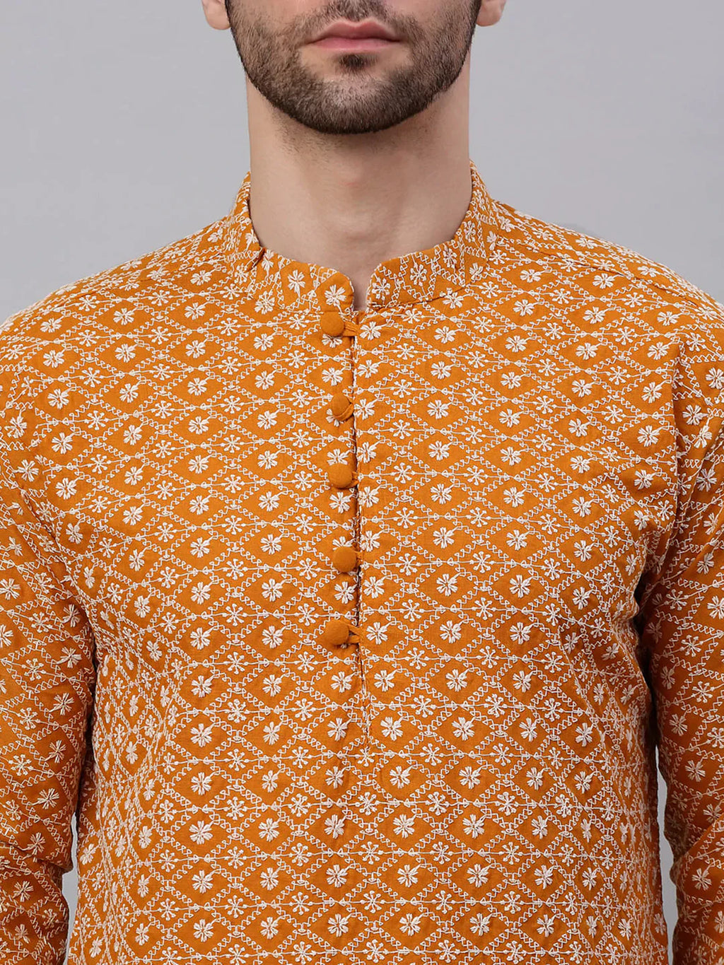 Jompers Men's Mustard & White Embroidered Straight Kurta