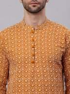 Jompers Men's Mustard & White Embroidered Straight Kurta