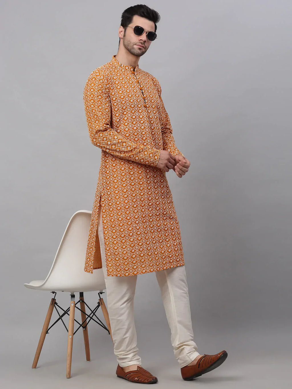 Jompers Men's Mustard & White Embroidered Straight Kurta