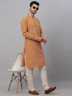 Jompers Men's Mustard & White Embroidered Straight Kurta