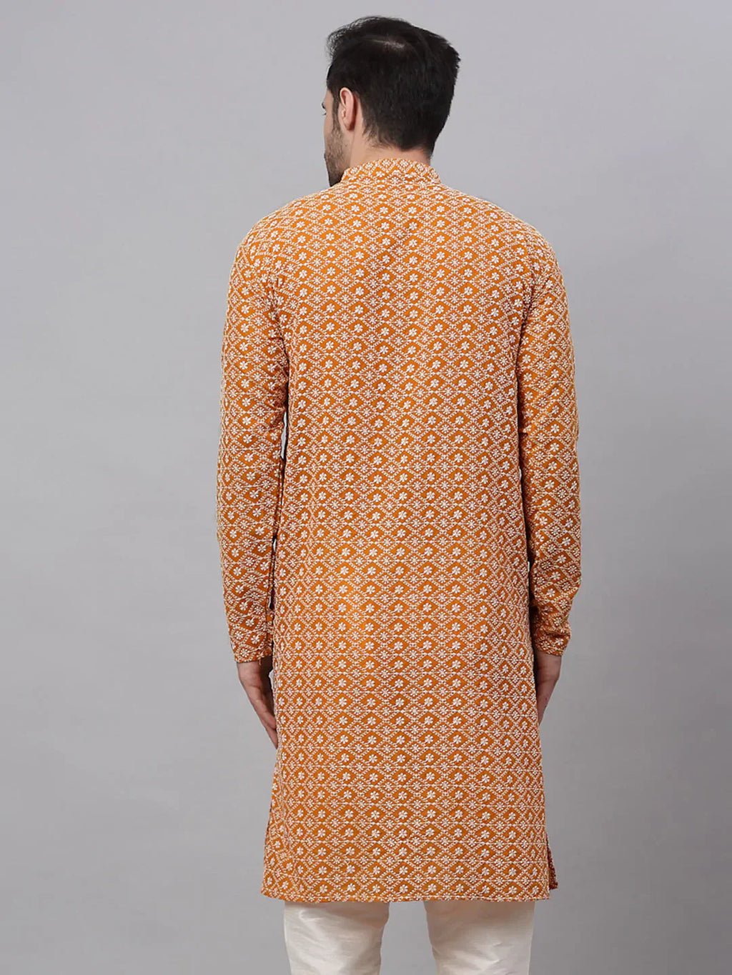 Jompers Men's Mustard & White Embroidered Straight Kurta