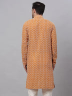 Jompers Men's Mustard & White Embroidered Straight Kurta
