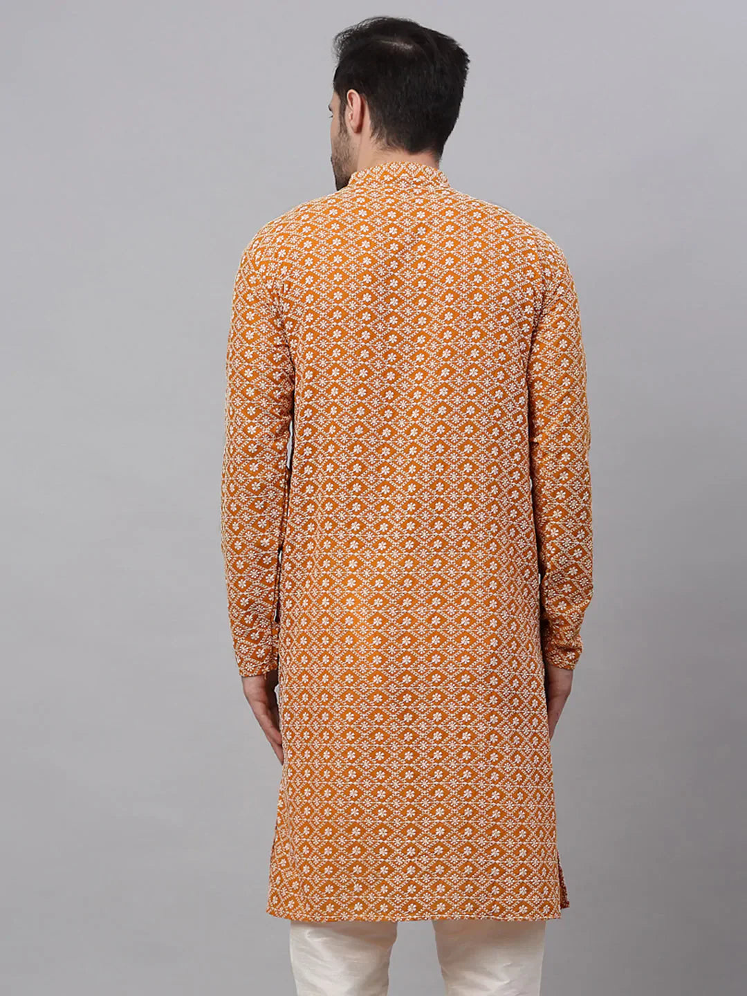 Jompers Men's Mustard & White Embroidered Straight Kurta