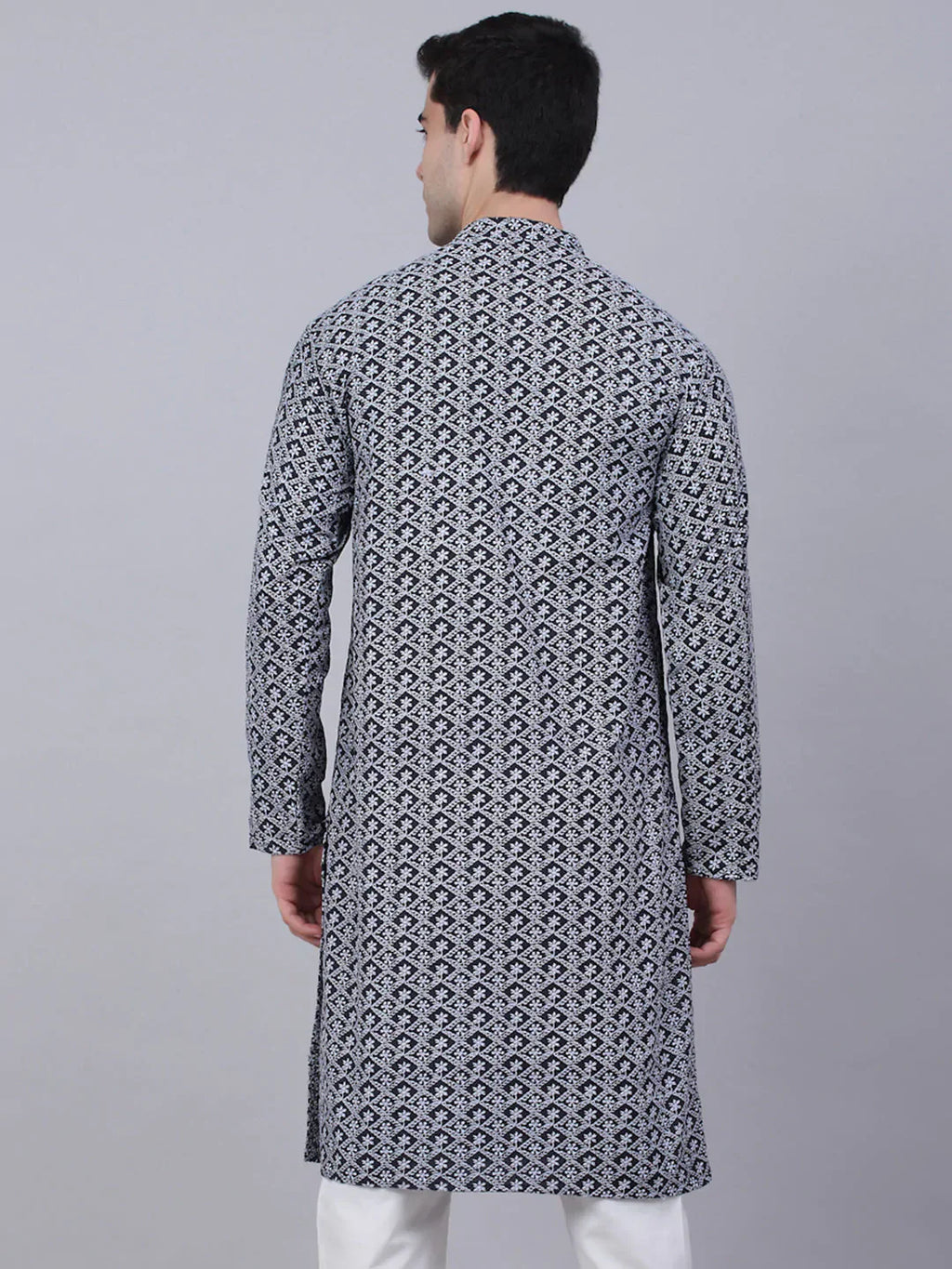 Jompers Men's Navy Blue & White embroidered Straight Kurta