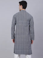Jompers Men's Navy Blue & White embroidered Straight Kurta